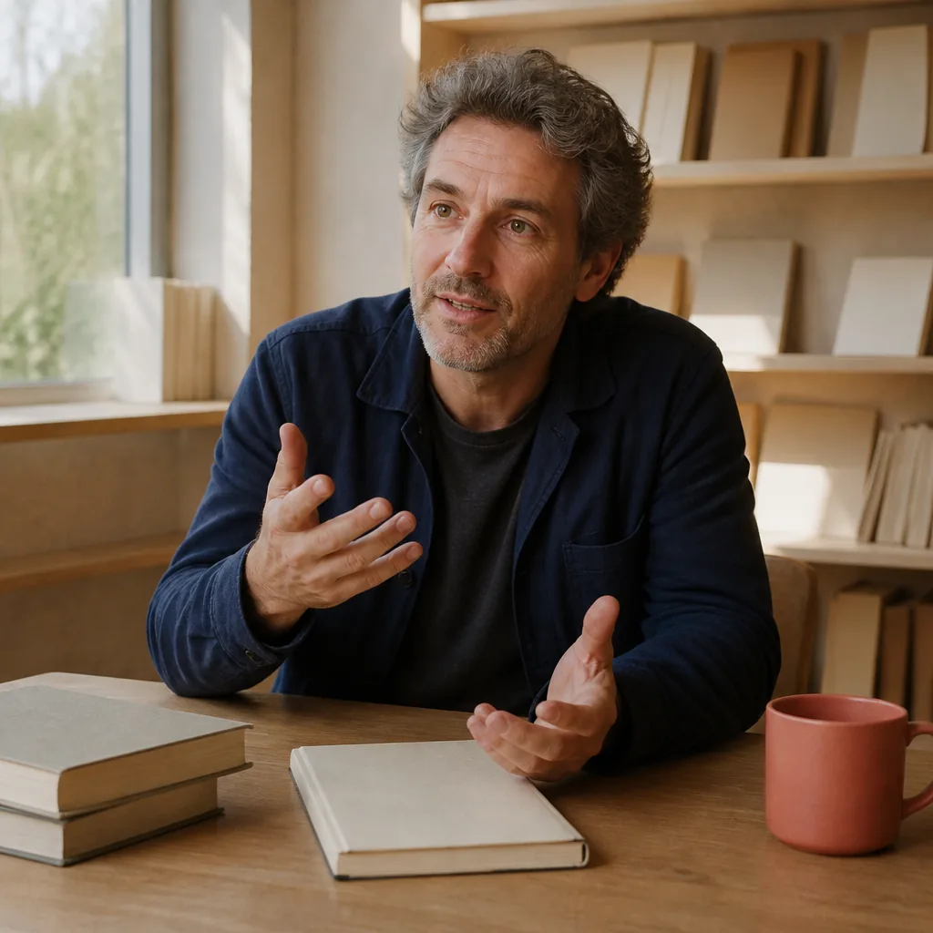 Johan Heliot à son bureau, crayon en main, entre livres jeunesse et de science-fiction